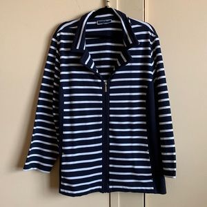 Blue and white zip-front top